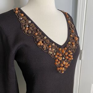 Ruby Rd. Women's Beaded V-Neck Sweater Top with 3/4 Sleeves, Size Small
